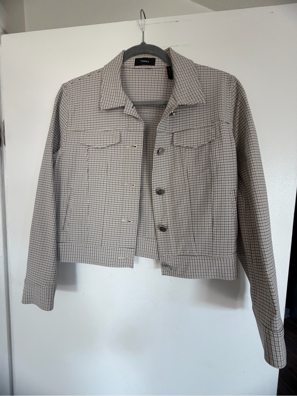 Theory Beige and Black Checked Cropped Button Up Jacket - NWOT